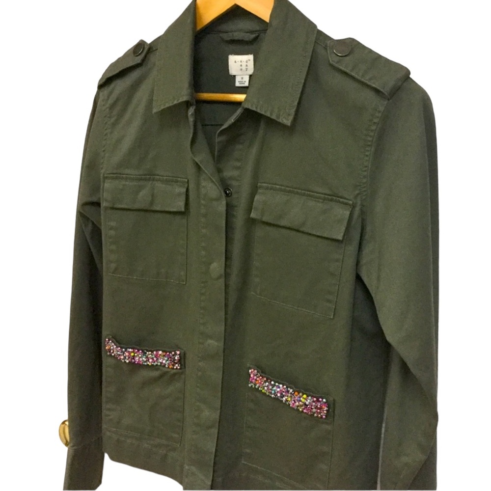 A NEW DAY sz Small Utility Jacket Beaded Trim Lightweight Pockets Olive Green